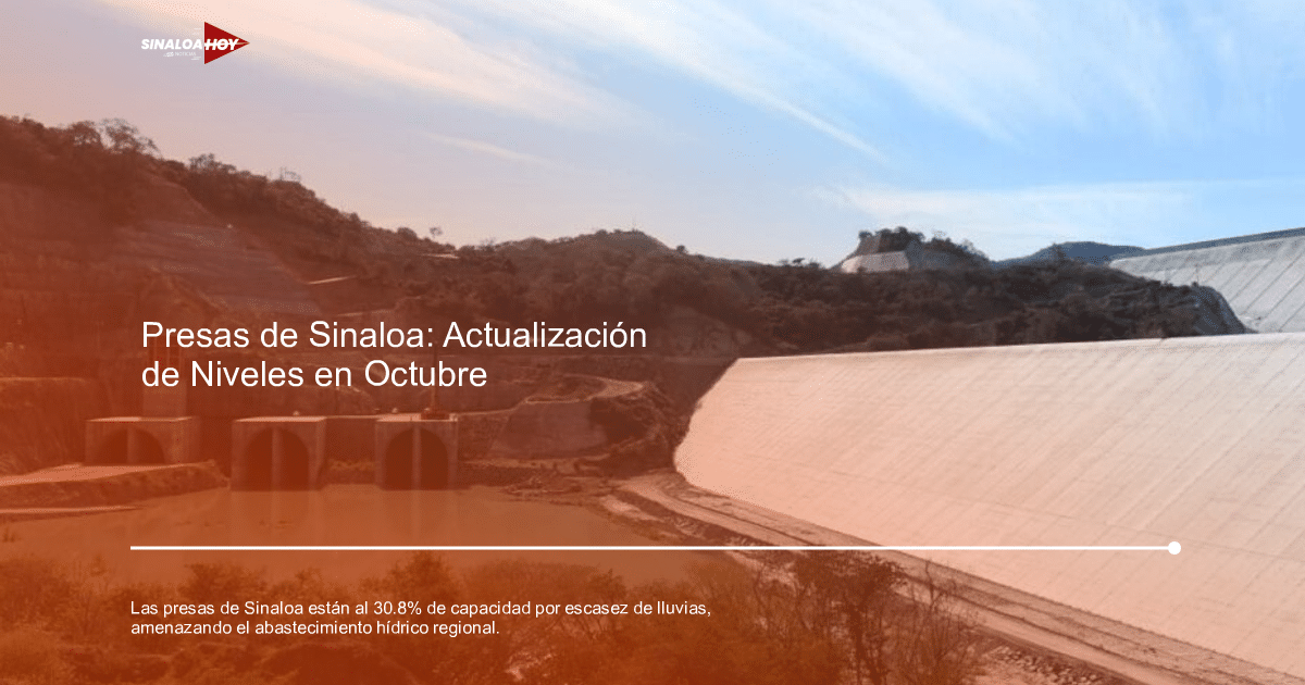 Vista de una presa en Sinaloa con compuertas de concreto y un embalse, en un entorno montañoso y cielo despejado.