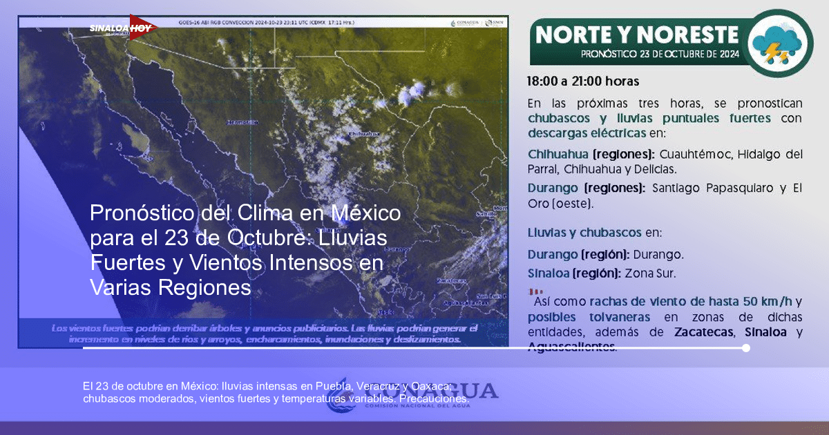 Mapa del pronóstico del clima en el norte y noreste de México con lluvias y vientos fuertes