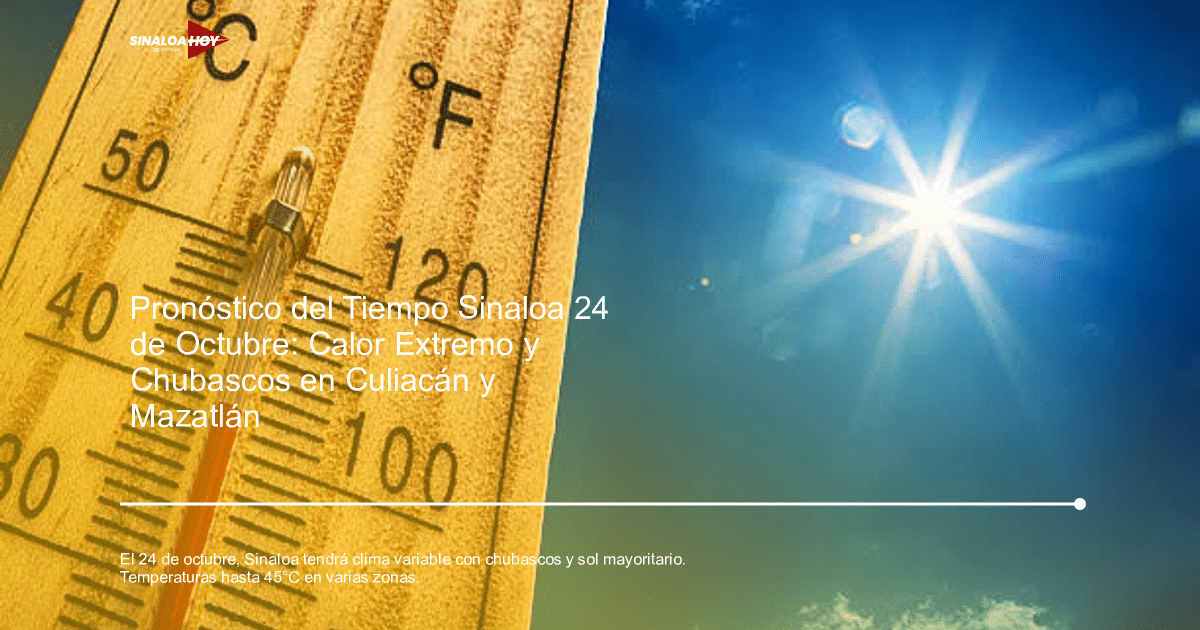 Termómetro con escalas Celsius y Fahrenheit bajo un cielo despejado y sol brillante, indicando altas temperaturas en Sinaloa.