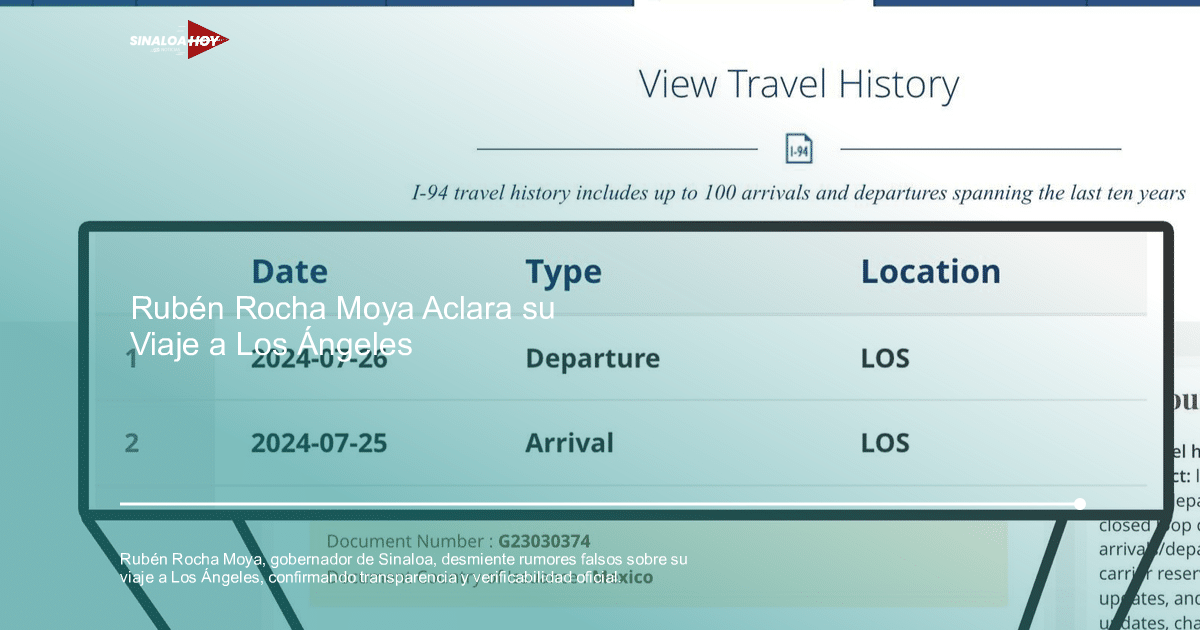 Registro de viajes I-94 del gobernador de Sinaloa, Rubén Rocha Moya, mostrando fechas de llegada y salida a Los Ángeles.