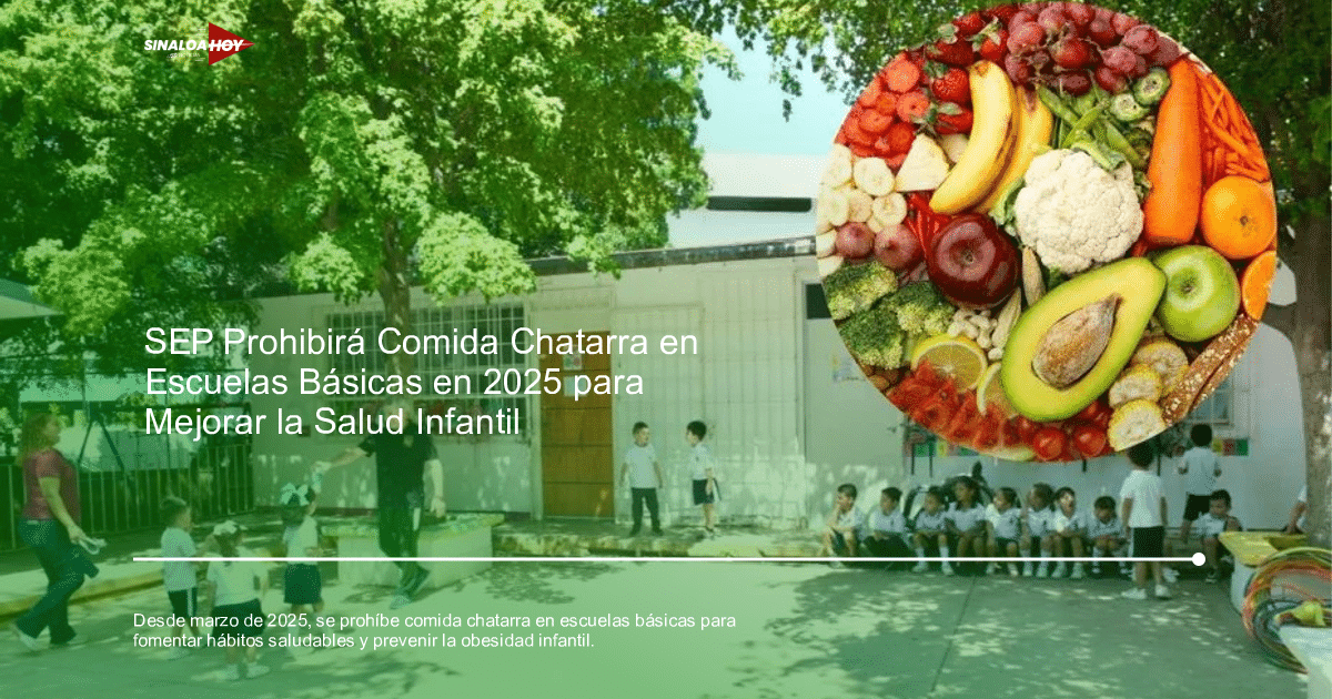Niños y adultos en un jardín escolar con enfoque en alimentación saludable, rodeados de un árbol y un edificio blanco.