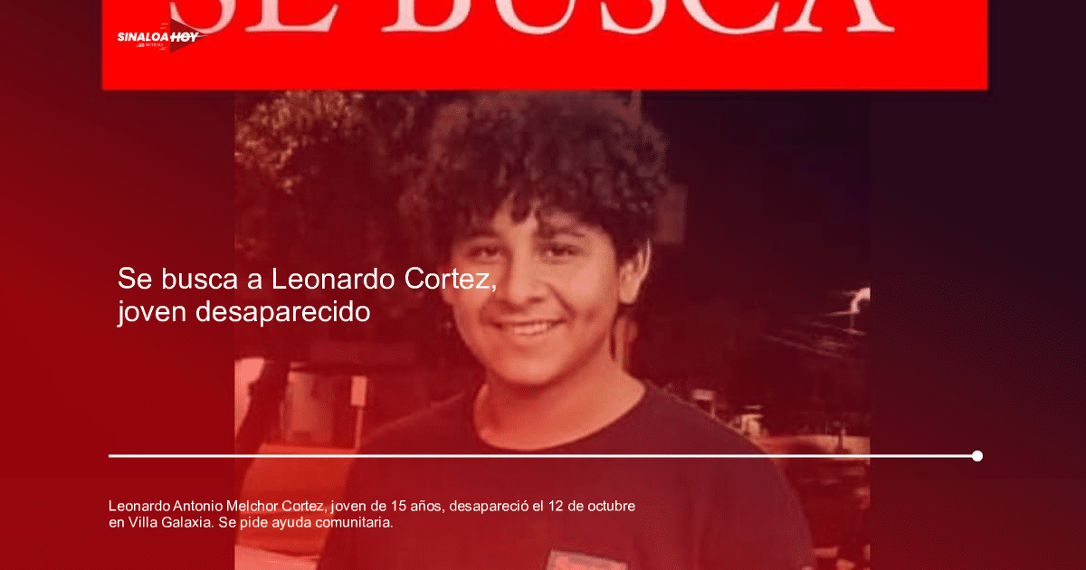 Cartel de búsqueda de Leonardo Antonio Melchor Cortez, joven desaparecido de 15 años con cabello rizado y sonrisa.