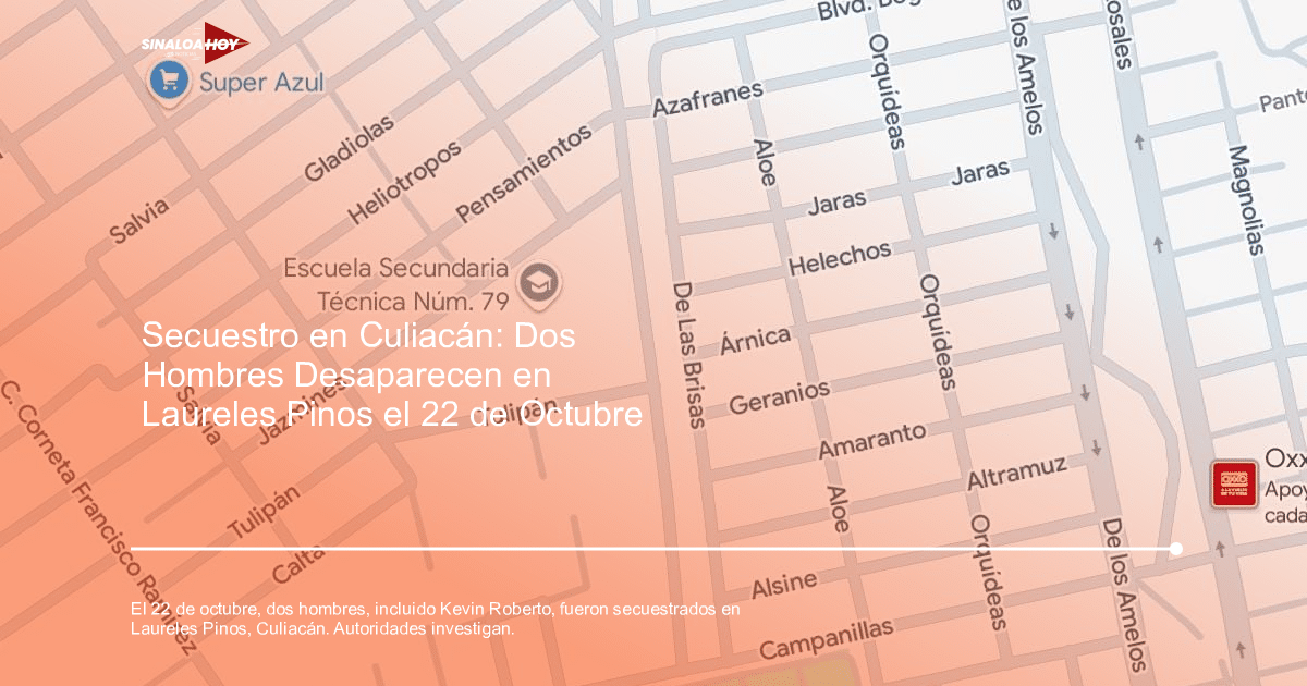 Mapa de Culiacán mostrando calles, una escuela y ubicaciones de Super Azul y OXXO.