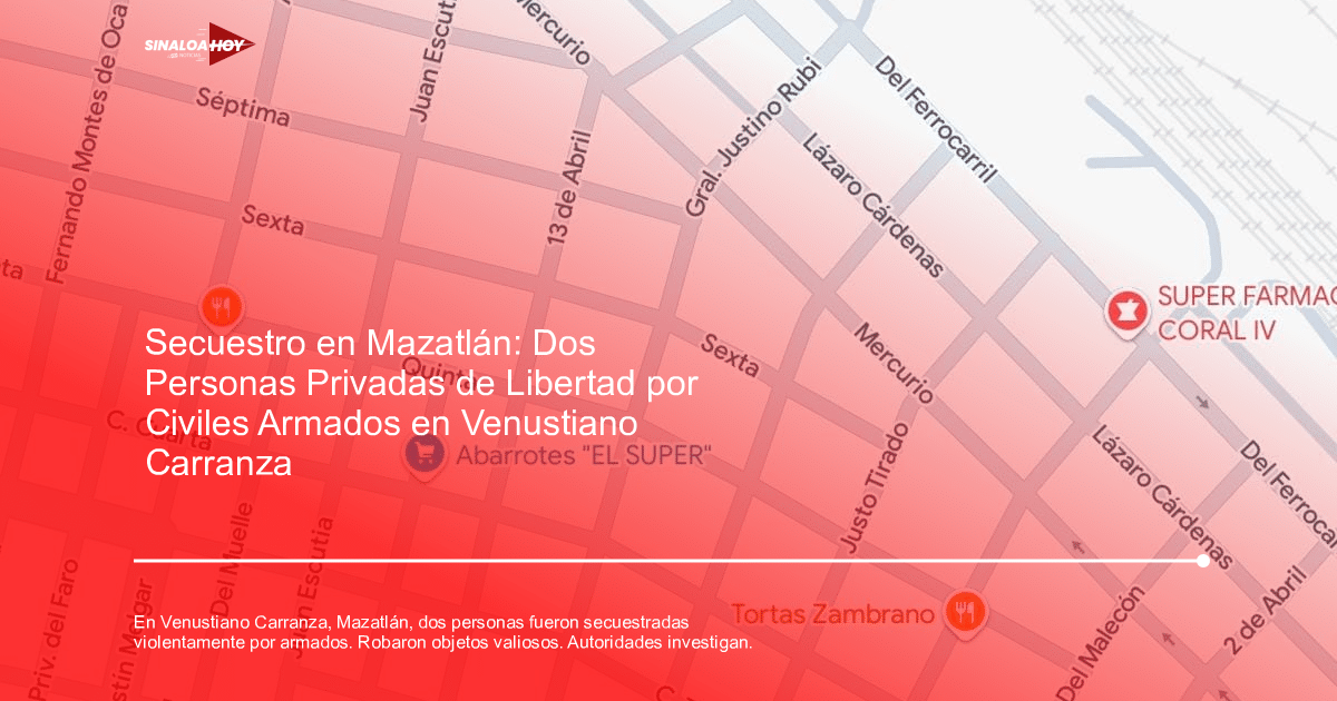 Mapa de la colonia Venustiano Carranza en Mazatlán con calles y puntos de interés marcados.