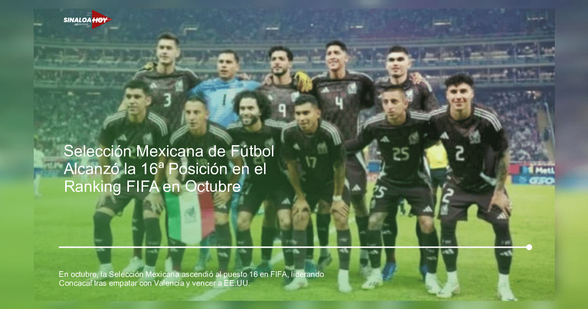 Jugadores de la Selección Mexicana de fútbol posando en el campo con una bandera mexicana, reflejando su ascenso en el Ranking FIFA.