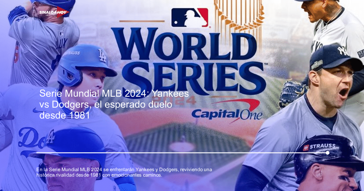 Promocional de la Serie Mundial 2024 con jugadores de Yankees y Dodgers en un campo de béisbol.