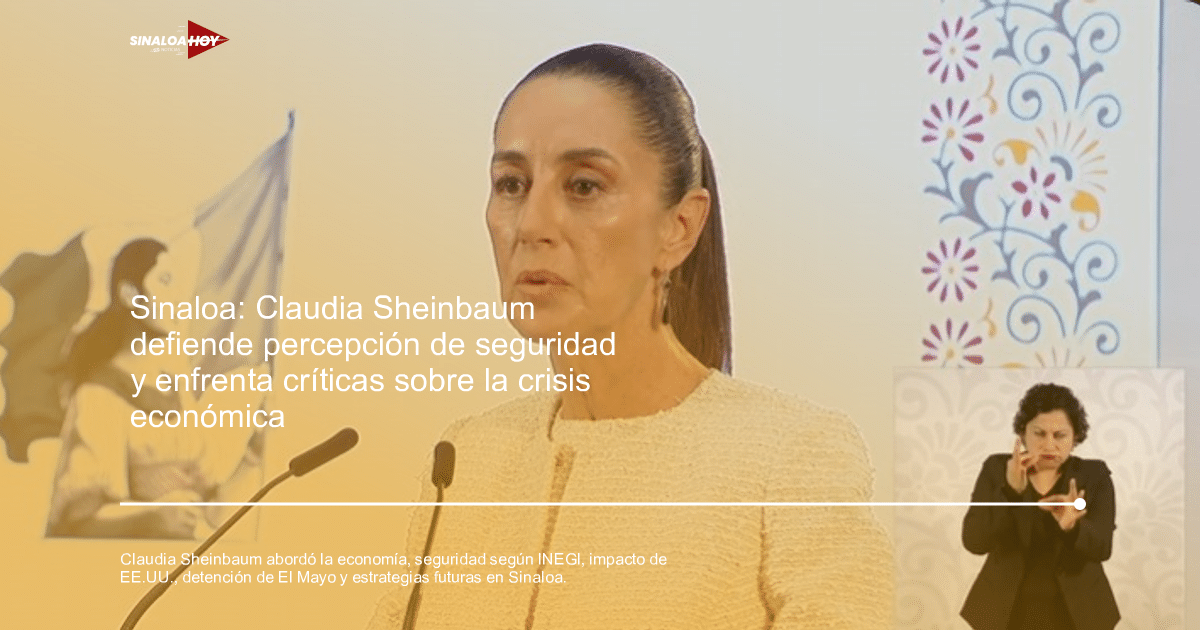 Claudia Sheinbaum hablando en conferencia sobre seguridad en Sinaloa, con imagen histórica de fondo y lenguaje de señas.