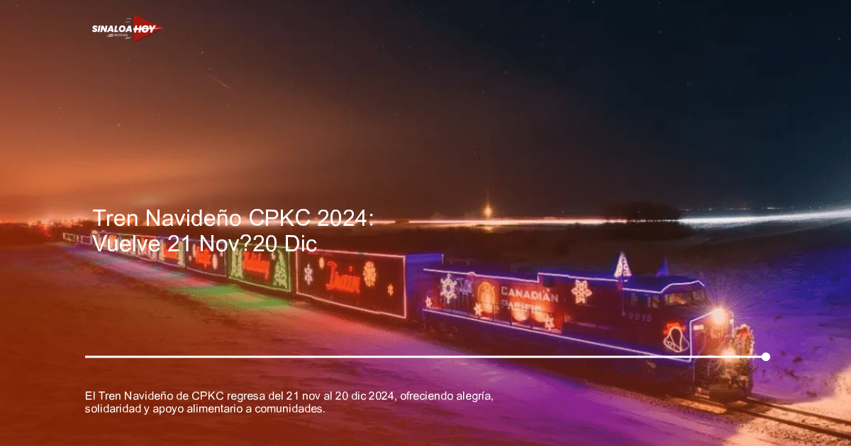 Tren Navideño de CPKC iluminado en un paisaje nevado nocturno, con luces brillantes y mensajes festivos.
