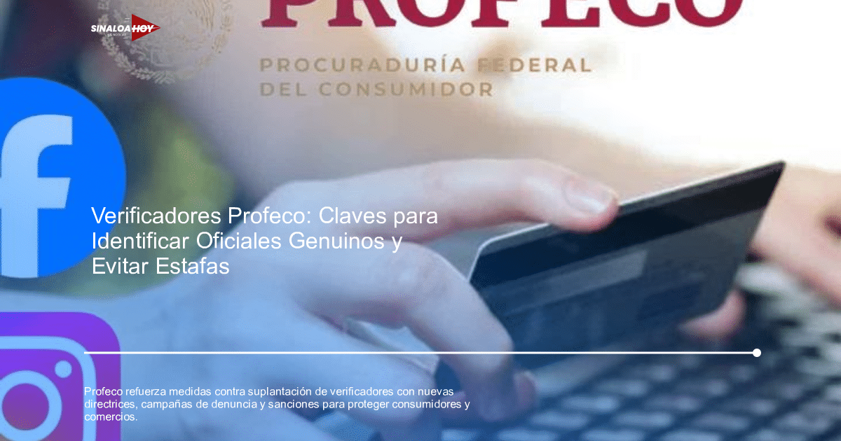 Mano con tarjeta de crédito sobre teclado, logotipos de Facebook e Instagram, texto de Profeco.