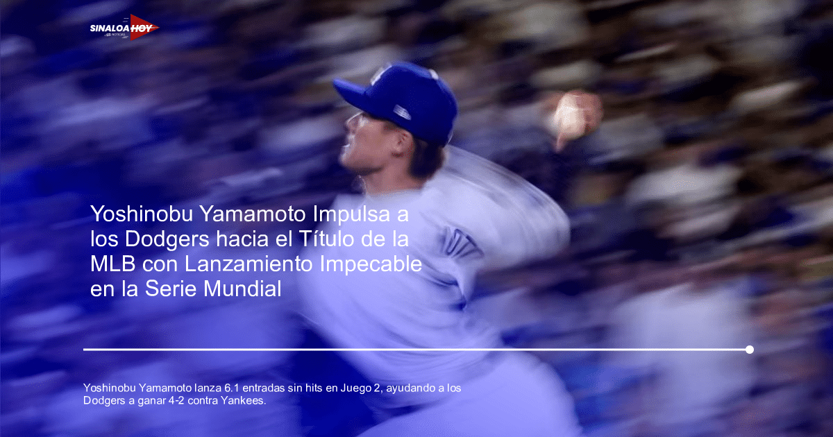 Lanzador Yoshinobu Yamamoto en acción durante la Serie Mundial, con fondo de espectadores en el estadio.