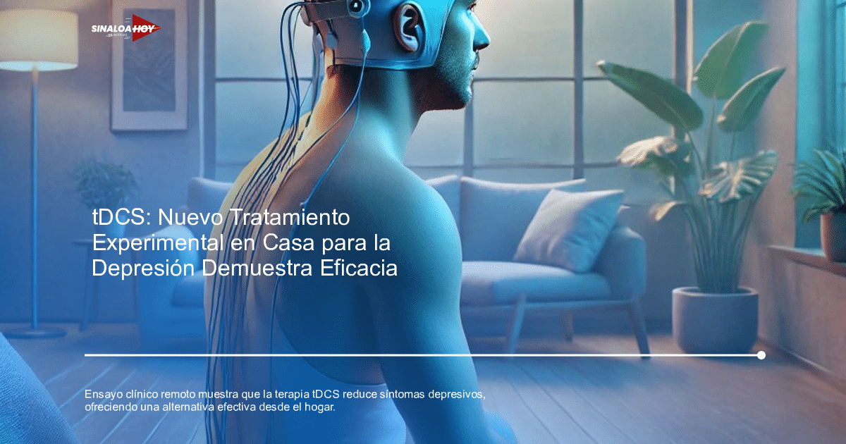 Persona con dispositivo de neurotecnología en entorno doméstico moderno para tratamiento de depresión.