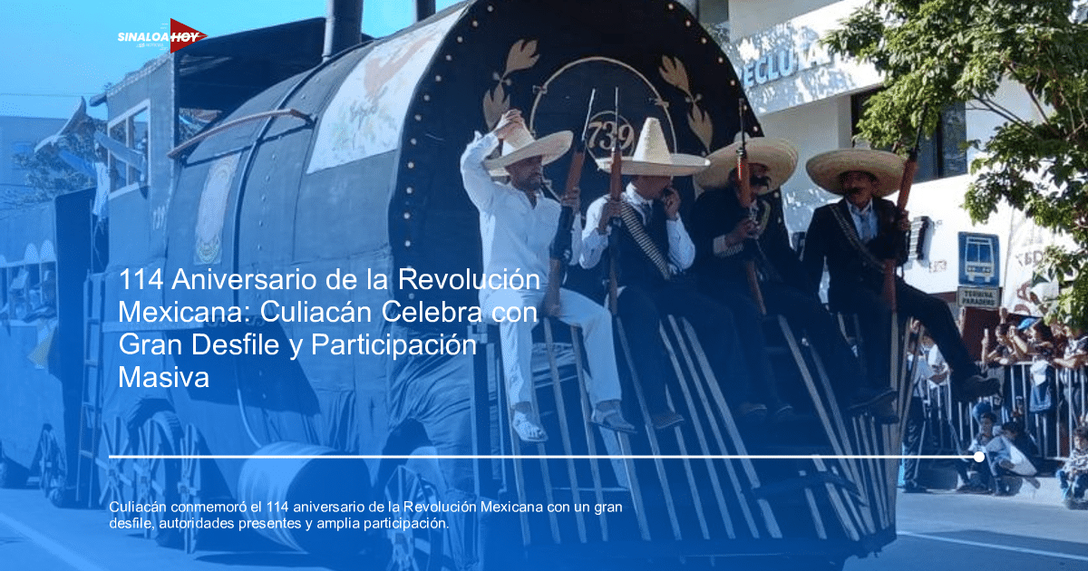 Tren decorado en desfile de la Revolución Mexicana en Culiacán con personas en trajes tradicionales.