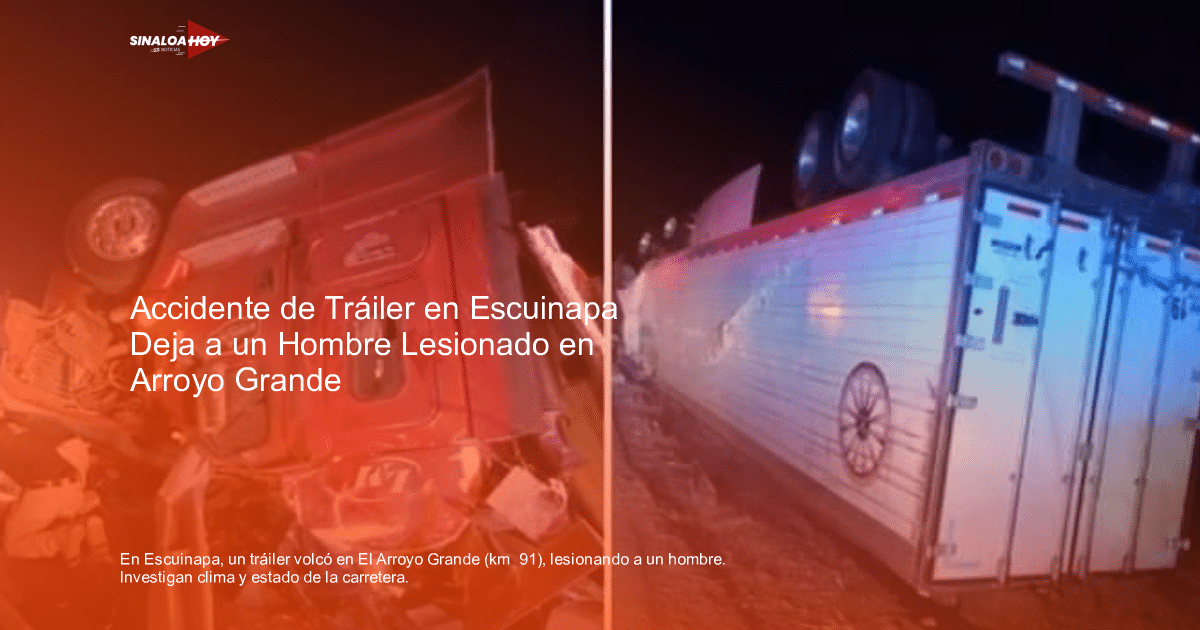 Tráiler volcado en carretera de Escuinapa con luces de emergencia activadas