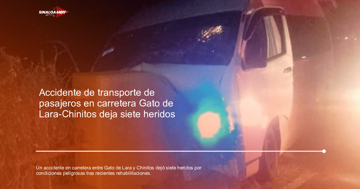 Furgoneta blanca accidentada en carretera nocturna con objeto amarillo y vegetación cercana.