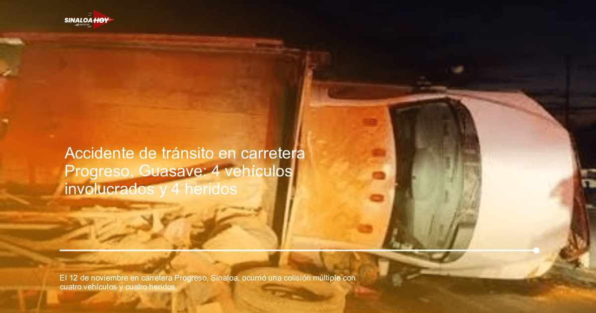 Accidente de tráfico nocturno en carretera Progreso con auto y camión volcados, escombros esparcidos e iluminación de emergencia.