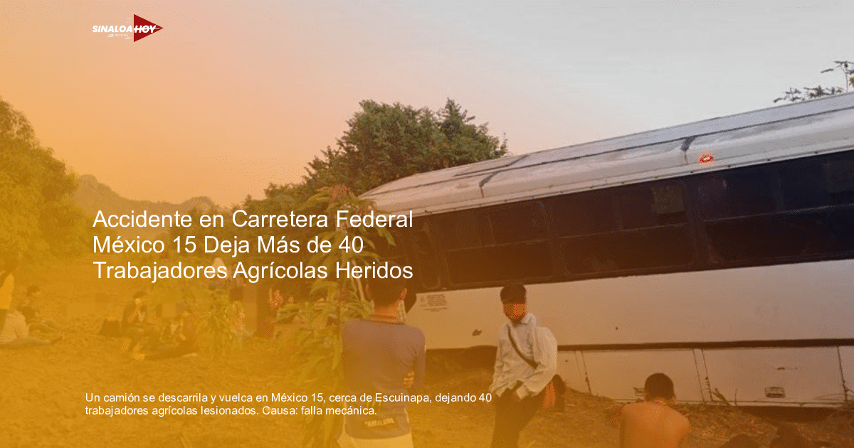 Autobús volcado en terreno rural con personas alrededor, accidente en carretera México 15.