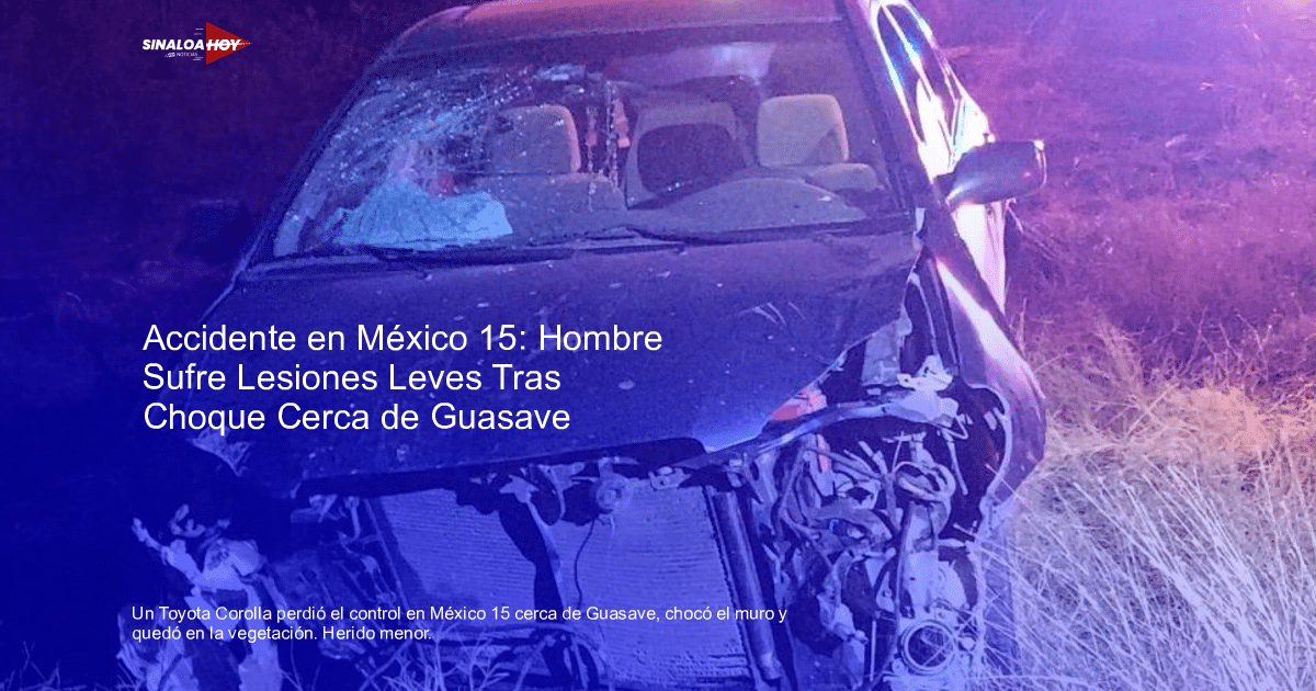 Automóvil dañado con parabrisas roto y parte frontal impactada tras accidente en carretera.