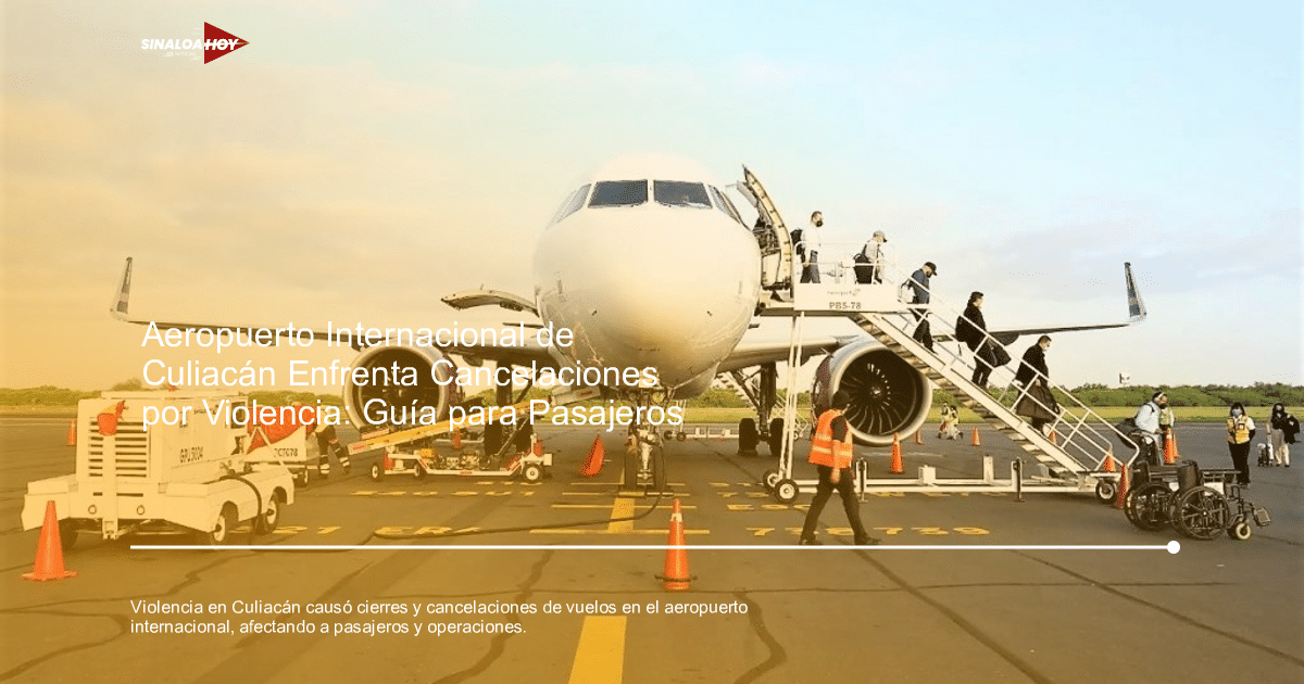 Avión en pista del Aeropuerto de Culiacán con pasajeros desembarcando y trabajadores alrededor.