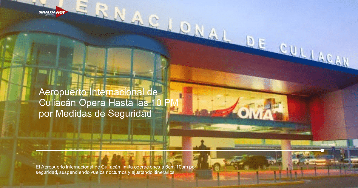 Fachada del Aeropuerto Internacional de Culiacán con diseño moderno y luces de colores.