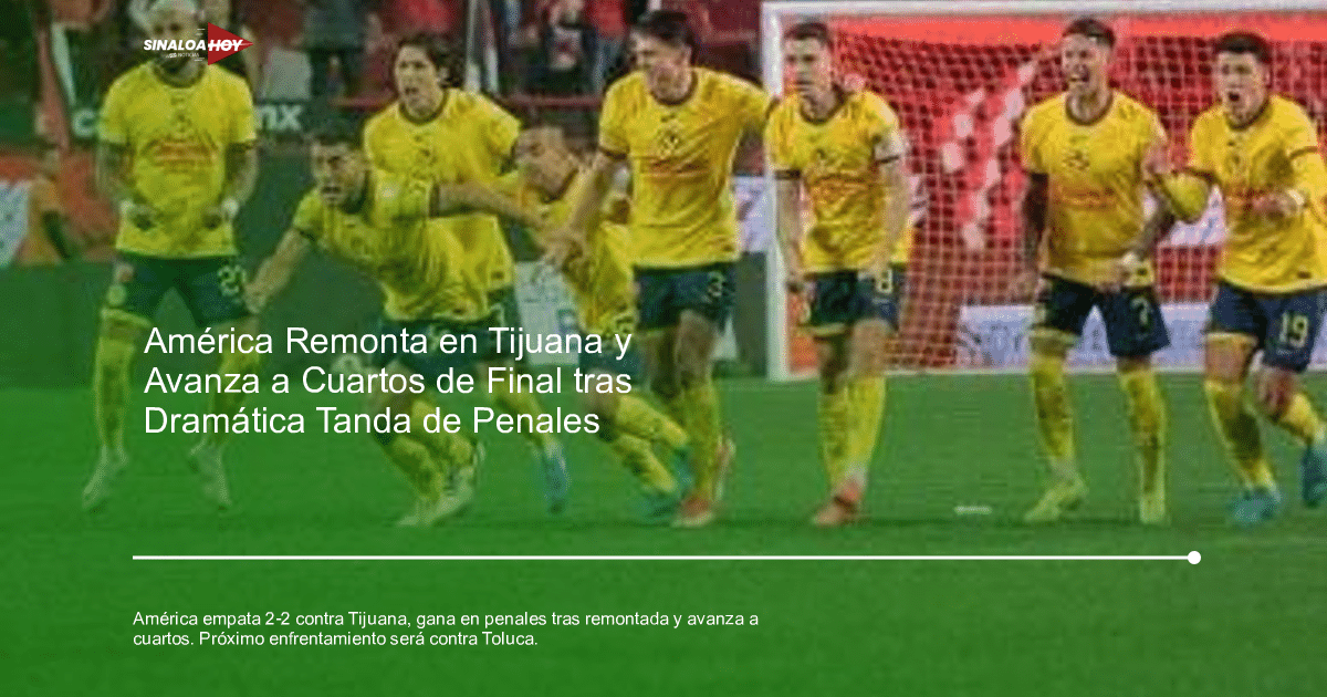 Jugadores del América celebran en el campo tras remontar contra Tijuana, con camisetas amarillas y una portería al fondo.