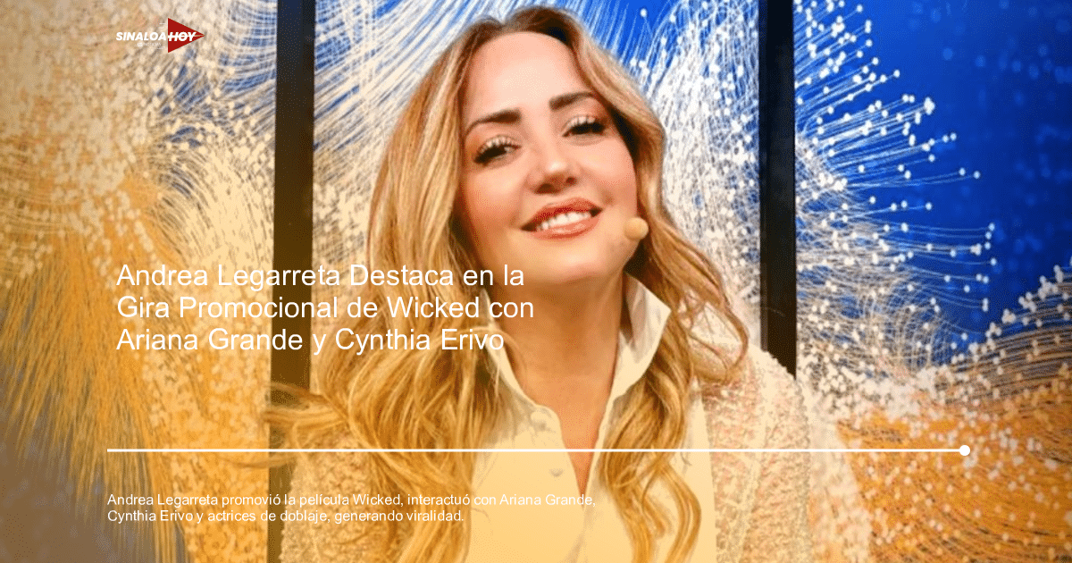 Andrea Legarreta sonriendo en un evento promocional de 'Wicked', vestida elegantemente con un fondo colorido.