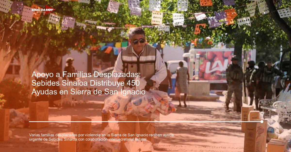 Hombre con gafas de sol distribuyendo víveres en evento comunitario en Sinaloa, rodeado de papel picado y soldados.