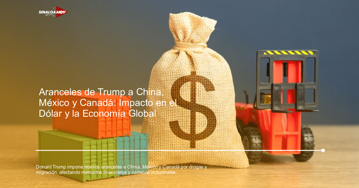 Saco de yute con símbolo de dólar, contenedores de colores y carretilla elevadora, simbolizando comercio y logística.