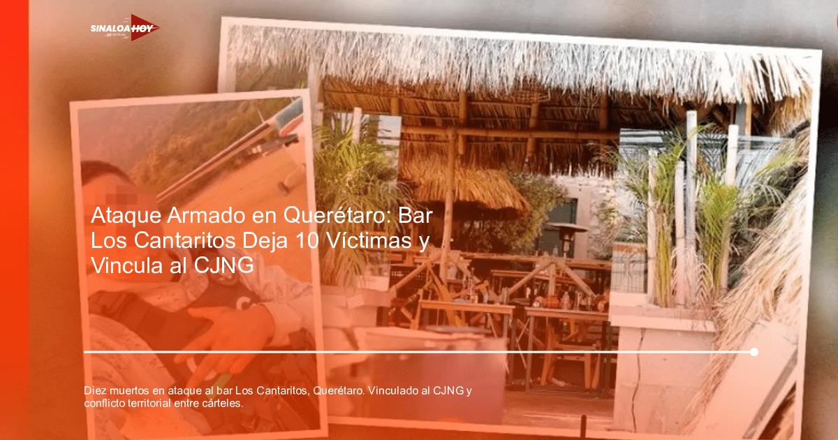 Collage de Fernando González Núñez con chaleco táctico y el bar Los Cantaritos en Querétaro.