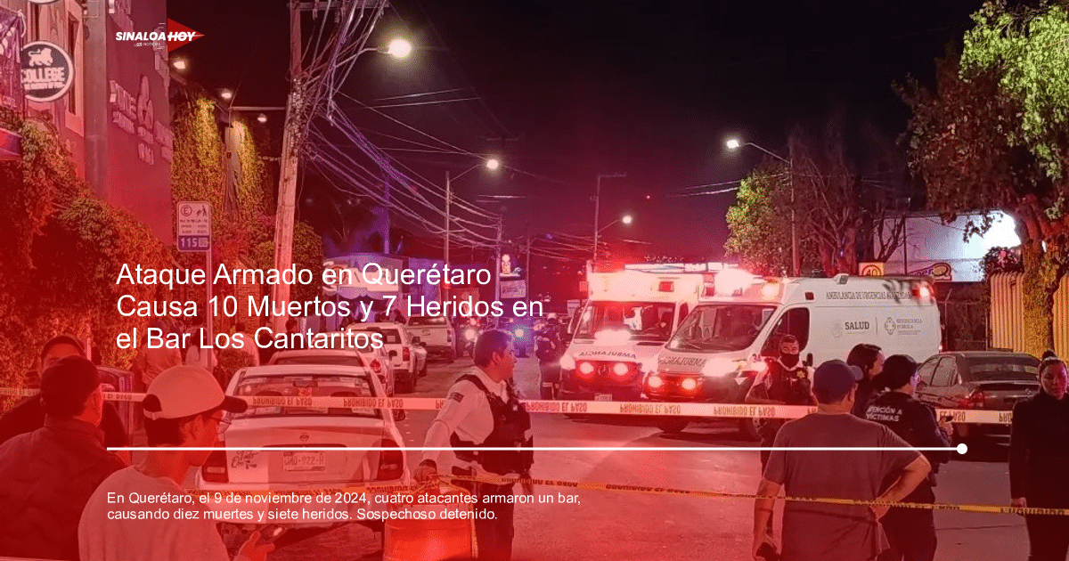 Vehículos de emergencia y agentes de seguridad en una escena nocturna en Querétaro tras un ataque armado en un bar.