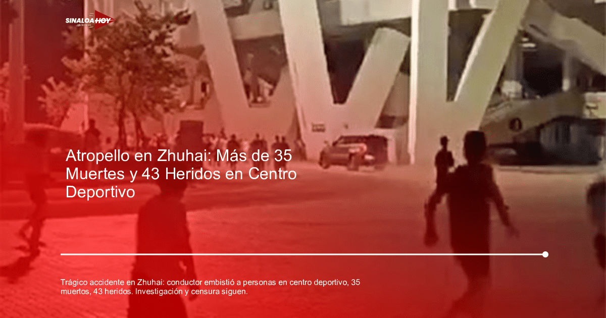 Personas caminando de noche cerca de un estadio en Zhuhai, China, con un vehículo visible en la escena.