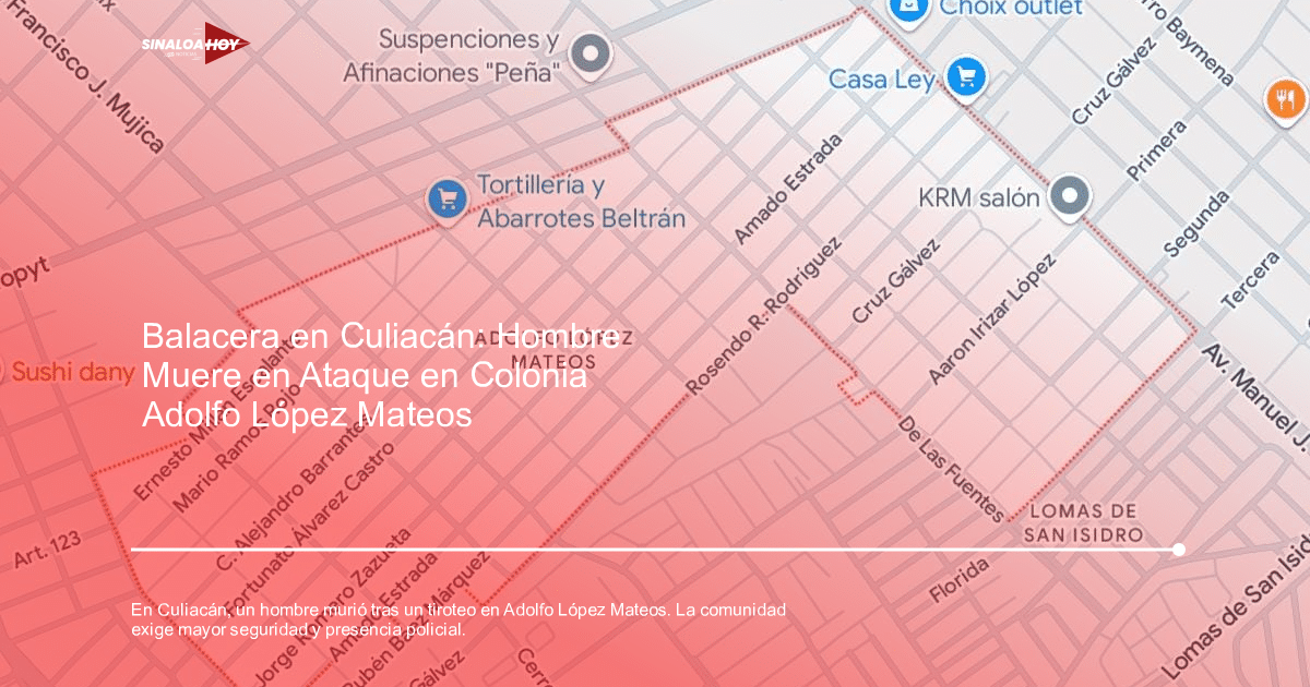Mapa de la colonia Adolfo López Mateos en Culiacán con calles y comercios destacados.