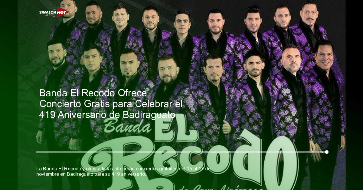 Miembros de la Banda El Recodo con trajes negros y morados de diseño floral.