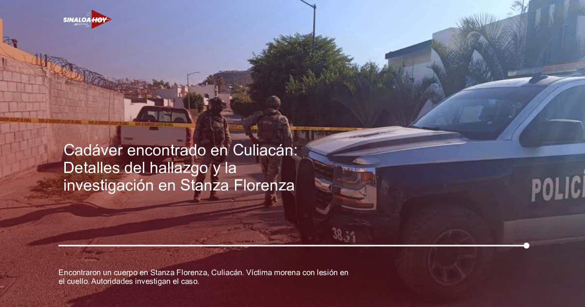 Vehículo policial y oficiales en escena de crimen en Culiacán, con cinta de precaución y entorno residencial.