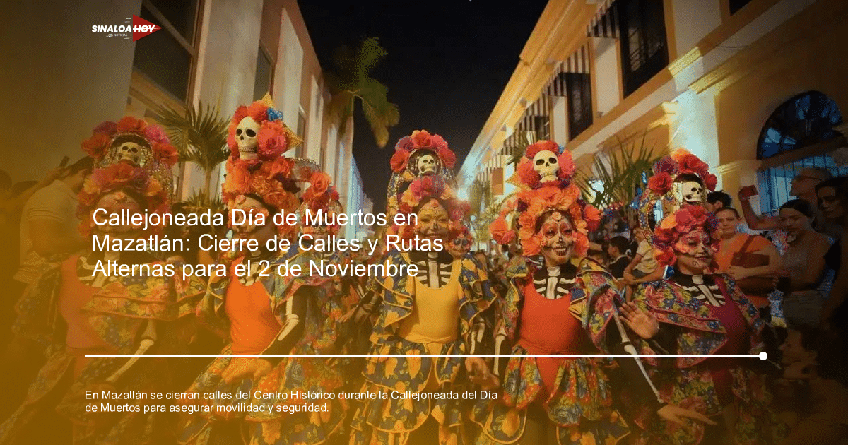Grupo de personas celebrando el Día de los Muertos en Mazatlán, con trajes coloridos y rostros pintados, en un ambiente festivo.