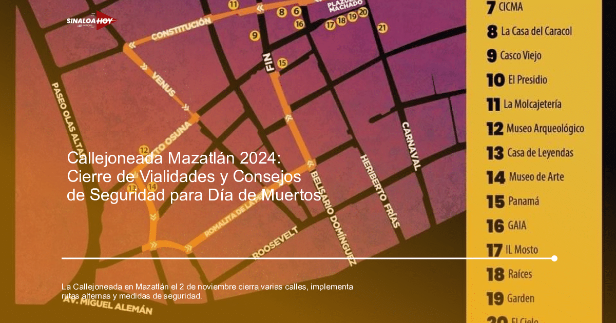 Mapa de Mazatlán con puntos de interés y rutas afectadas por la callejoneada en la Plazuela Machado.