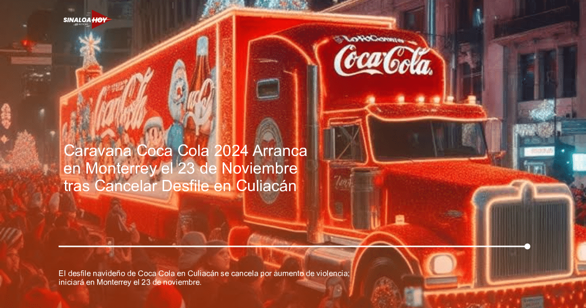 Camión de Coca-Cola decorado con luces y motivos navideños, rodeado de personas con gorros de Navidad.