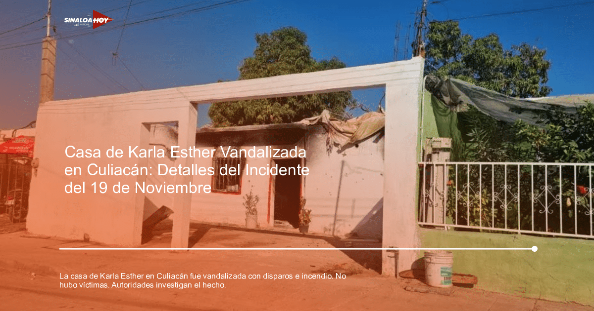 Vivienda vandalizada en Culiacán con daños por fuego y humo, rodeada de un jardín y paisaje urbano.