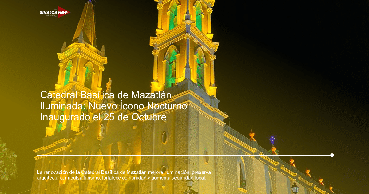 Vista nocturna de la Catedral Basílica de Mazatlán con iluminación amarilla y verde en sus torres.