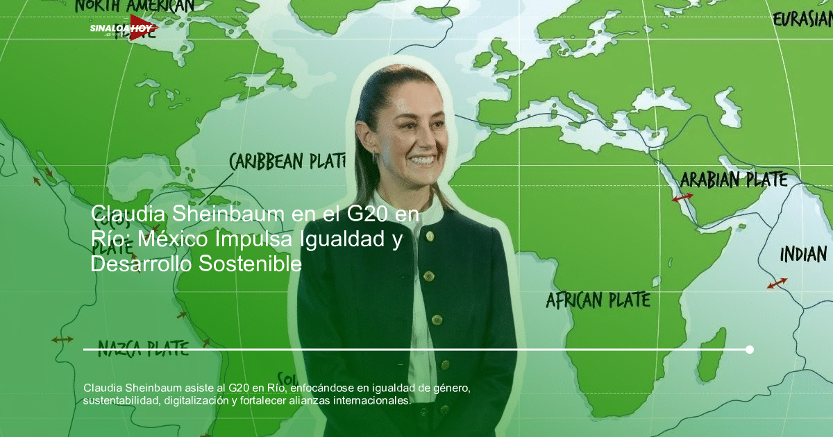 Mapa mundial con placas tectónicas y una mujer sonriente, relacionado con la participación de México en el G20.