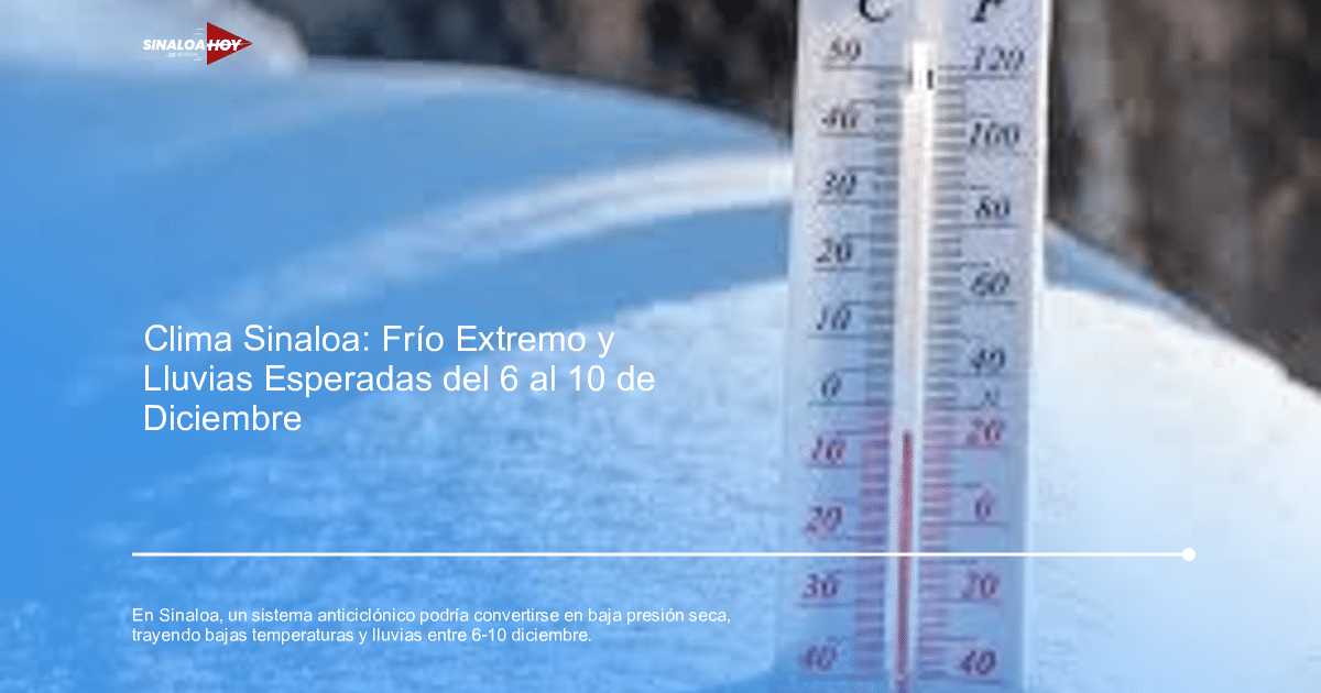 Termómetro sobre nieve mostrando temperaturas en Celsius y Fahrenheit, simbolizando el frío en Sinaloa.