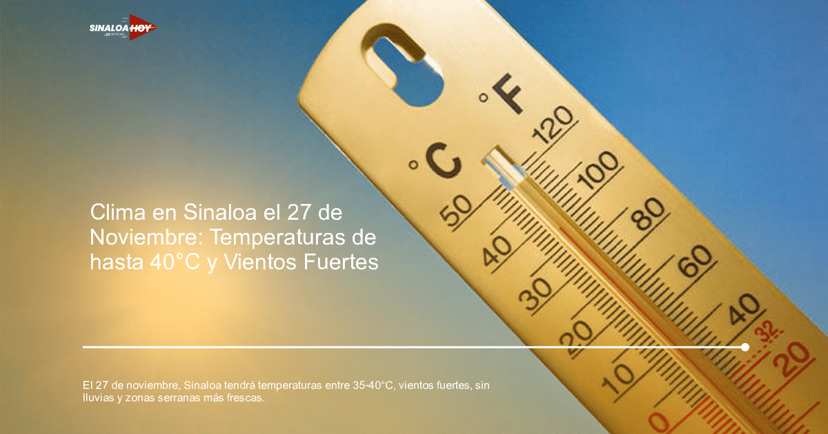 Termómetro al aire libre con cielo azul y sol brillante, mostrando temperaturas en Celsius y Fahrenheit.