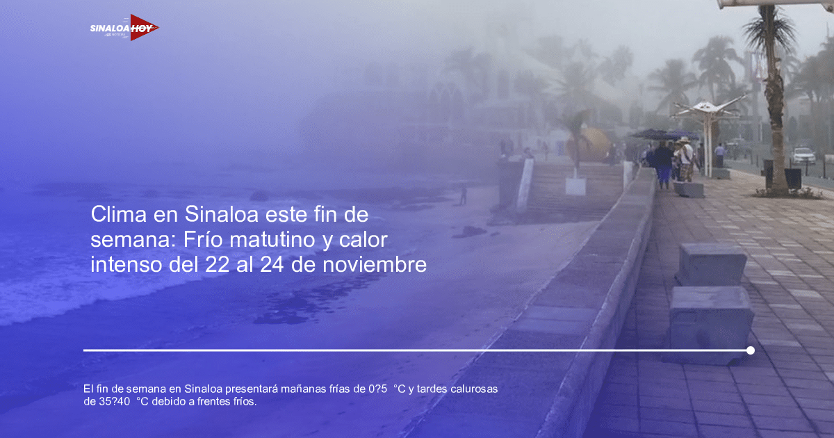 Playa de Sinaloa con niebla, personas caminando y palmeras, reflejando el clima melancólico del fin de semana.