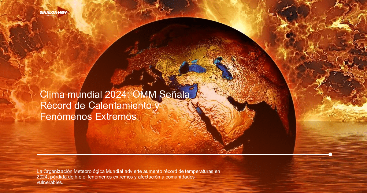 Imagen artística de la Tierra con colores cálidos y llamas en el fondo, simbolizando el cambio climático.