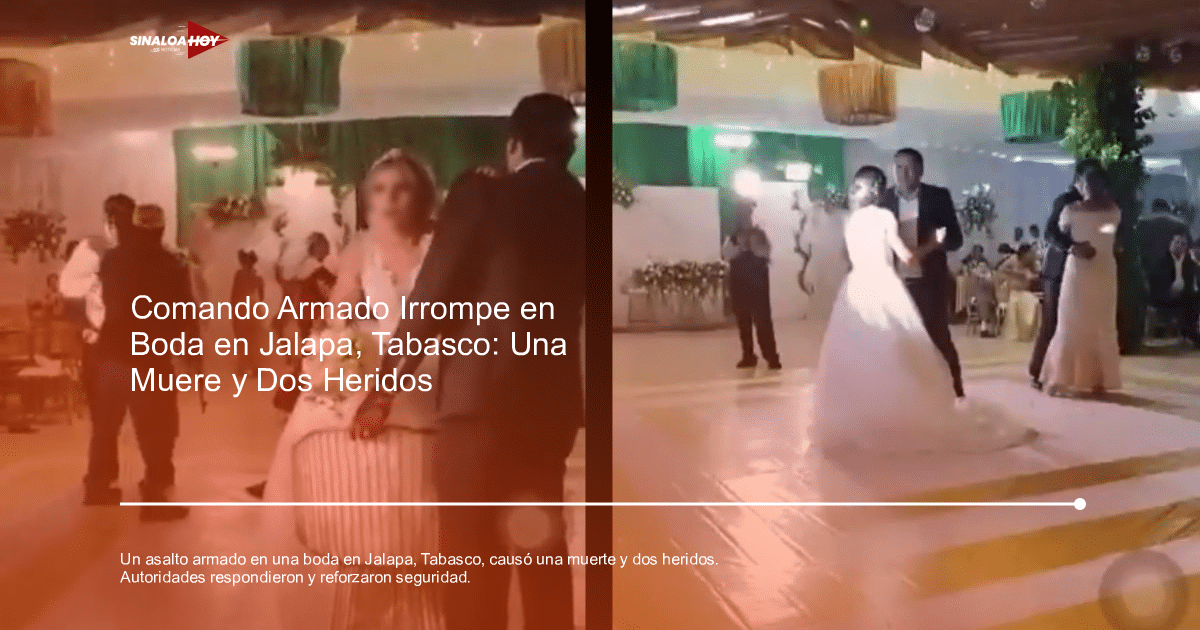 Boda en Jalapa interrumpida por asalto armado, mostrando a los novios y decoración en verde y dorado.