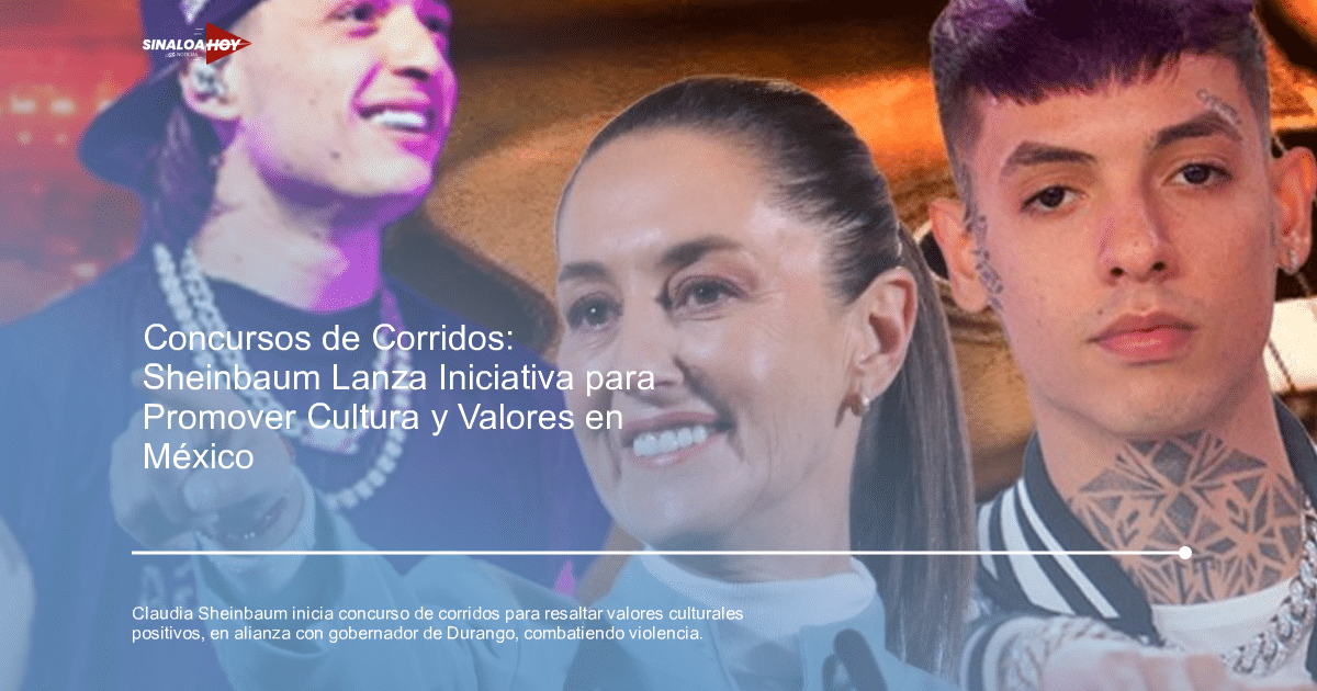 Personas en un evento musical, una actuando y otra señalando, relacionado con el concurso de corridos de Sheinbaum.