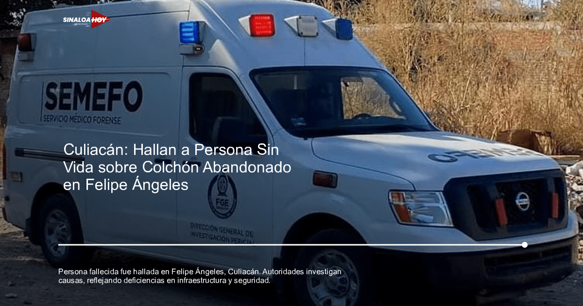 Ambulancia del SEMEFO con luces de emergencia en Culiacán, rodeada de vegetación y escombros.