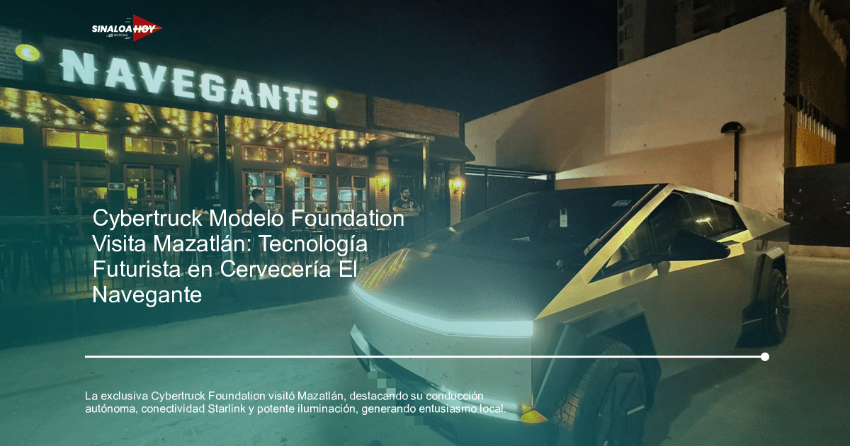 Cybertruck estacionada frente a Cervecería El Navegante en Mazatlán durante la noche