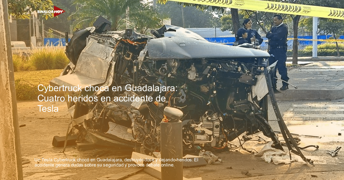 Vehículo Tesla Cybertruck dañado tras accidente en Guadalajara, con policías investigando y cintas de restricción.