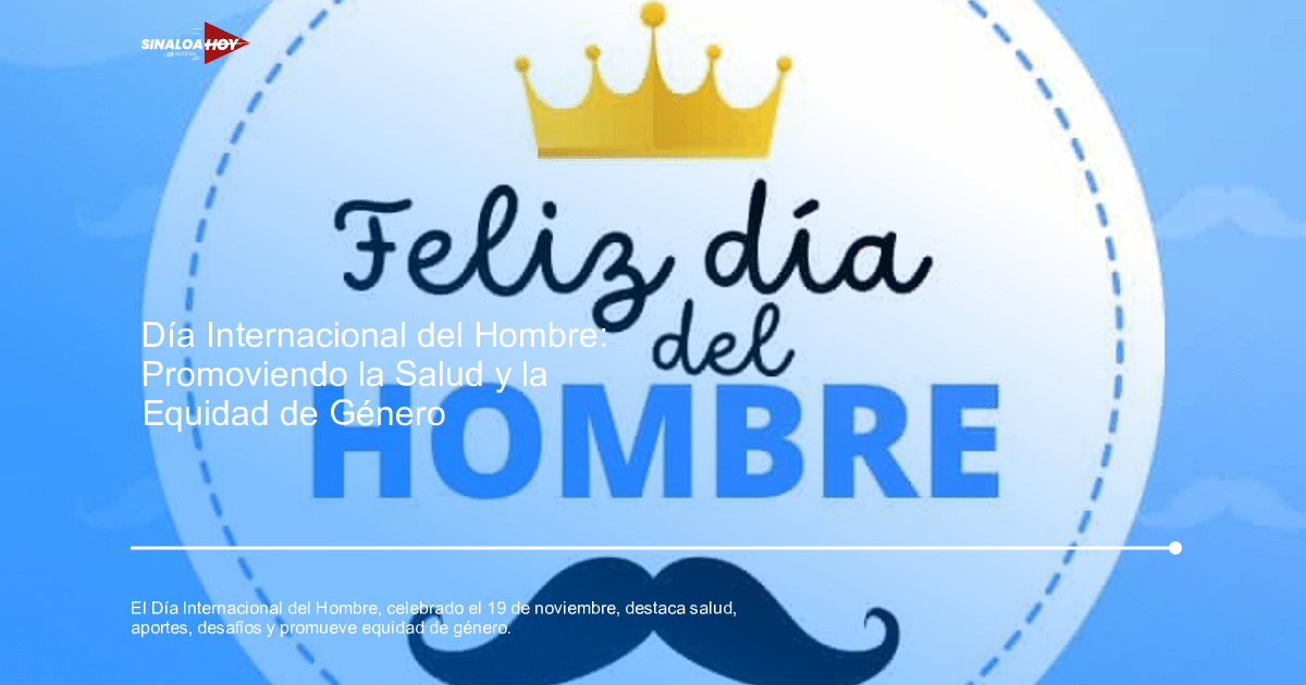 Diseño gráfico del Día del Hombre con texto 'Feliz día del HOMBRE', corona dorada y bigote sobre fondo azul claro.
