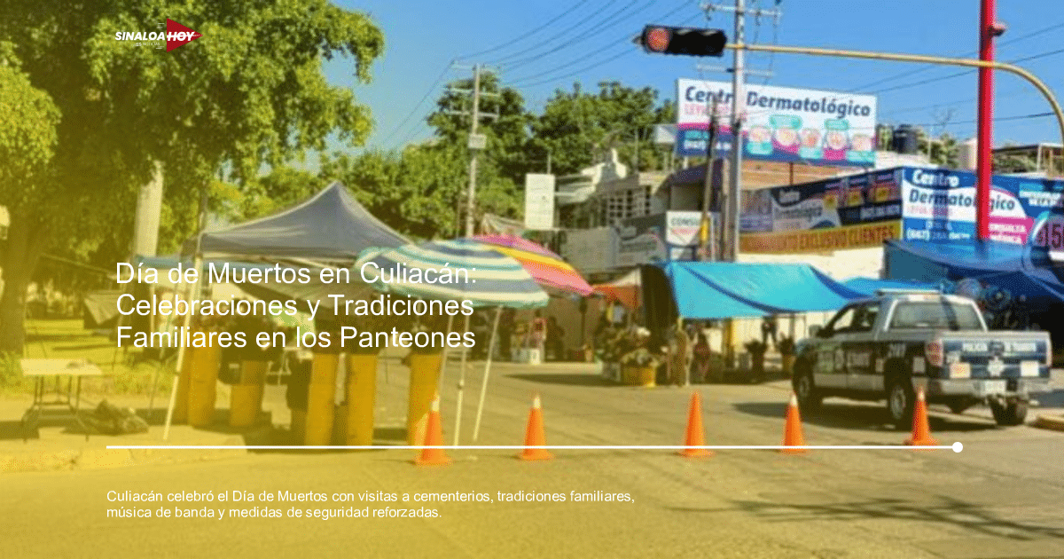Calle de Culiacán con toldos coloridos, vehículo de policía y letrero de Centro Dermatológico durante el Día de Muertos.
